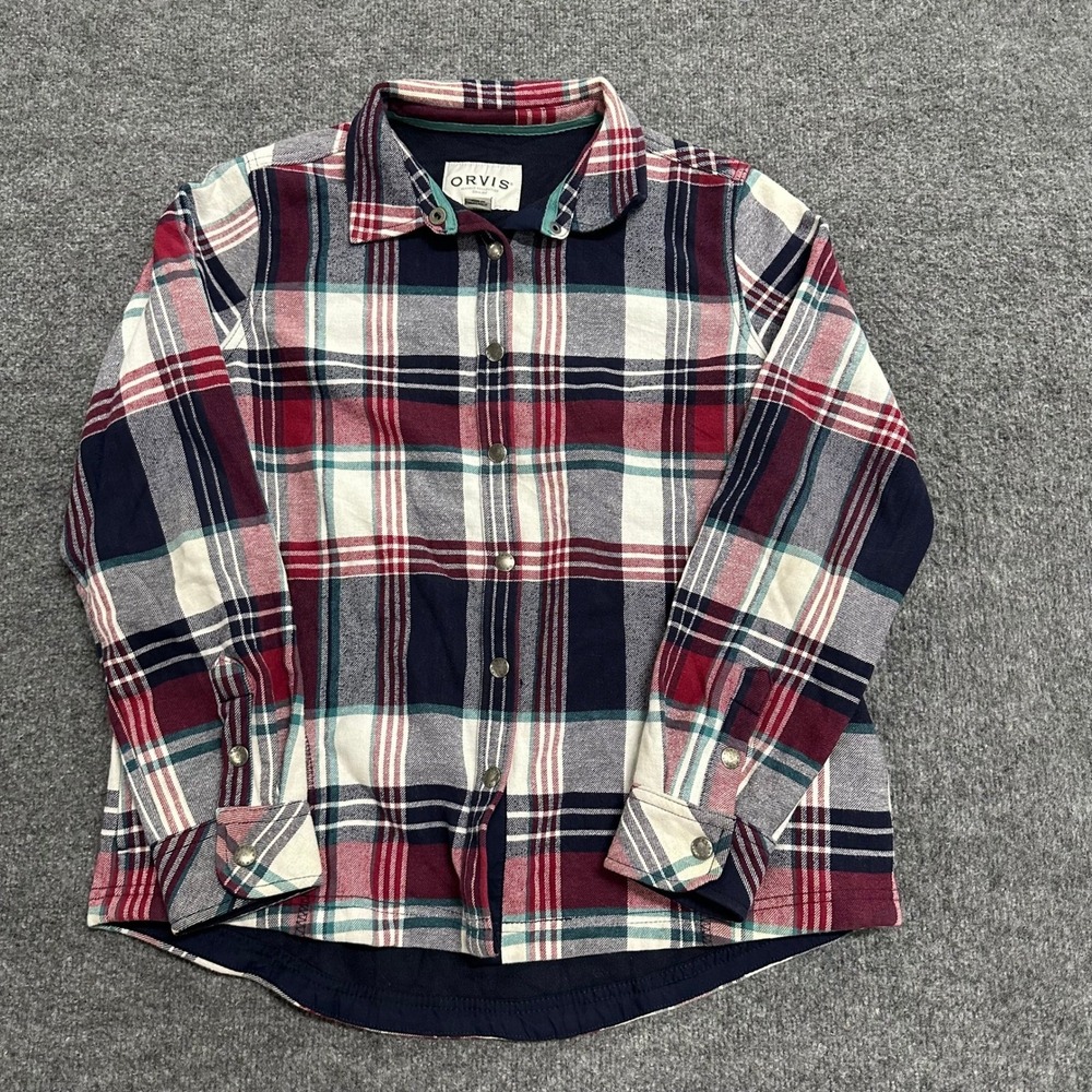 Orvis Shirt Womens Size L Red Plaid Fleece Lined Snap Front Long Sleeve Flannel